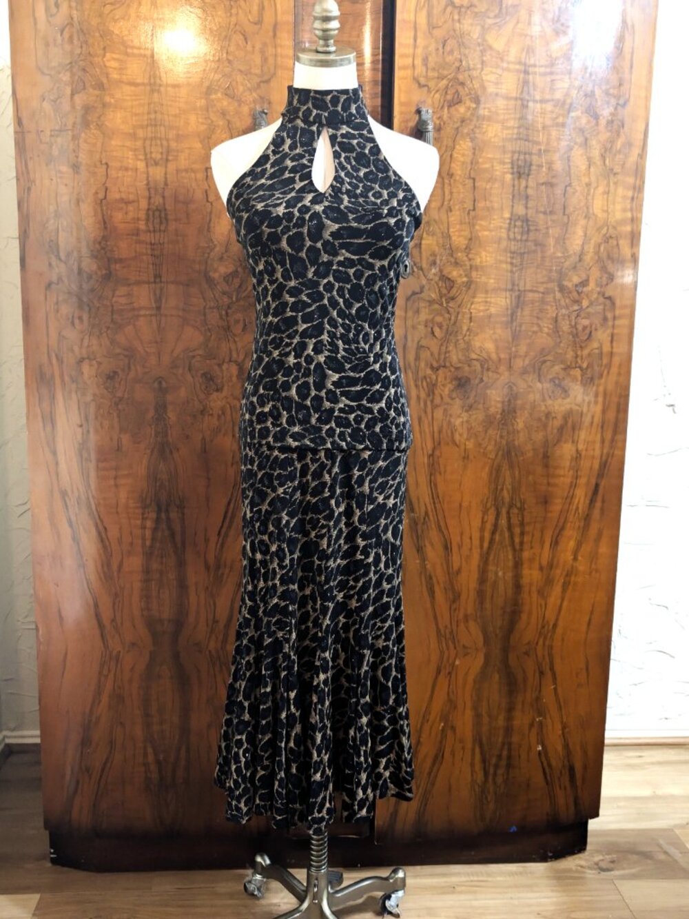 Vintage Joseph Ribkoff 2 PC Set Leopard Halter Top Midi Skirt Size 8 Sexy